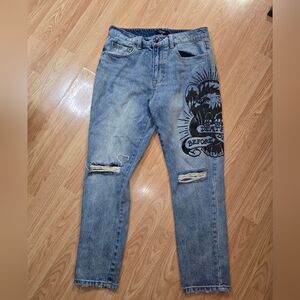 Ed Hardy Size 32x29 Denim Death Before Dishonor Blue Distressed Jeans Slim Fit